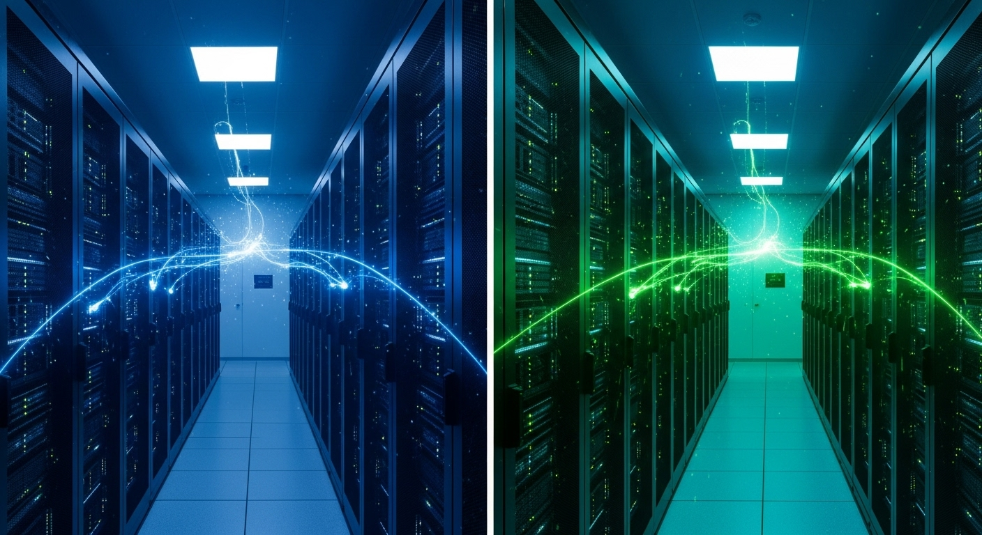 Korytarz centrum danych z dramatycznymi efektami świetlnymi - podwójny widok tego samego korytarza serwerowni z niebieskim oświetleniem po lewej i zielonym po prawej stronie, z wysokimi szafami serwerowymi po obu stronach, perforowanymi płytami podłogowymi i artystycznymi cyfrowymi łukami energii przepływającymi przez powietrze, symbolizującymi transmisję danych i łączność sieciową.