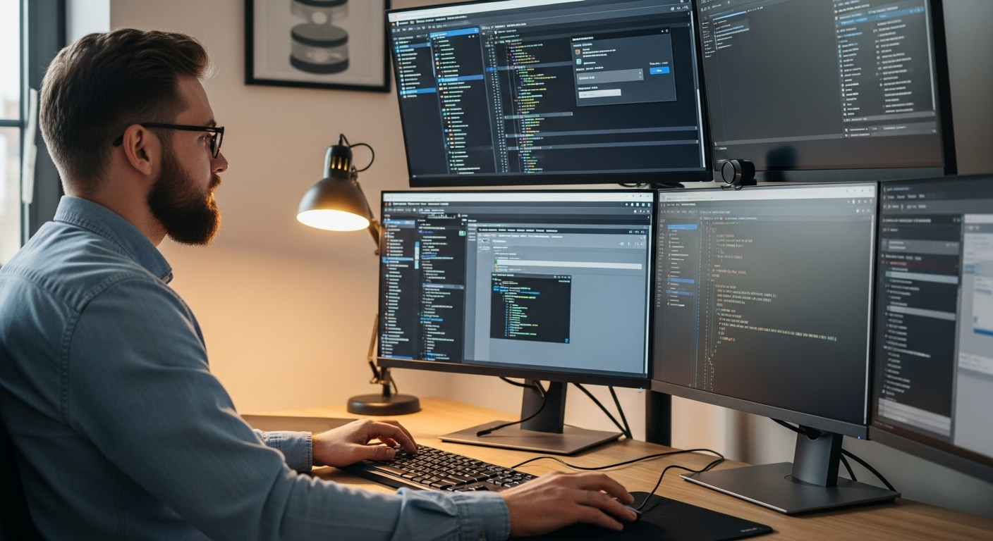 Programista w okularach i niebieskiej koszuli pracuje przy biurku z wieloma monitorami wyświetlającymi kod i środowiska programistyczne, oświetlony ciepłym światłem lampy biurkowej w nowoczesnym biurze domowym.