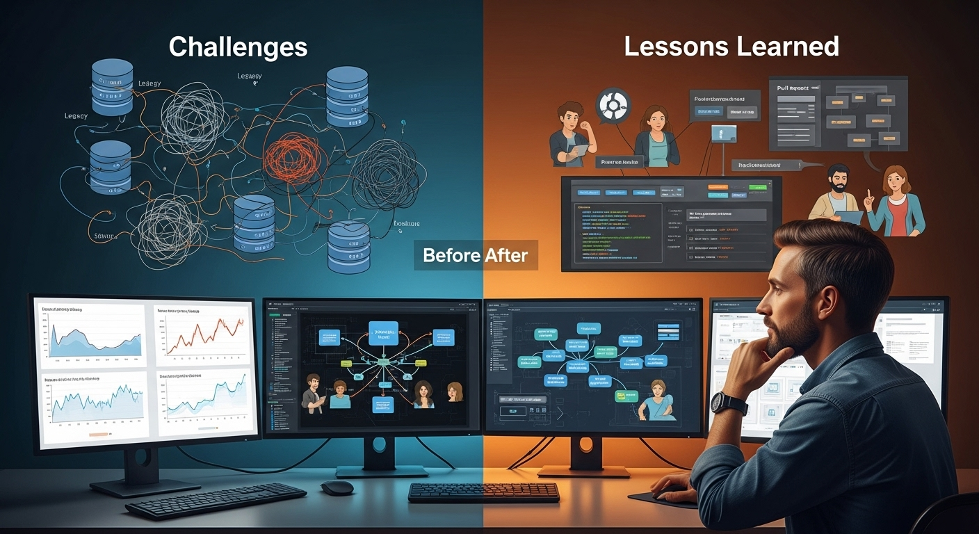 Koncepcyjna ilustracja przedstawiająca transformację cyfrową w formie porównania 'przed i po'. Lewa strona zatytułowana 'Challenges' pokazuje skomplikowaną sieć baz danych i systemów legacy z chaotycznymi połączeniami. Prawa strona 'Lessons Learned' prezentuje uporządkowane rozwiązania z postaciami programistów, dashboardami i przejrzystymi diagramami architektury. Na dole widać mężczyznę w granatowej koszuli siedzącego przed trzema monitorami wyświetlającymi wykresy analityczne, diagramy systemów i interfejsy użytkownika. Całość ilustruje przejście od złożonych problemów technicznych do zorganizowanych, efektywnych rozwiązań IT.