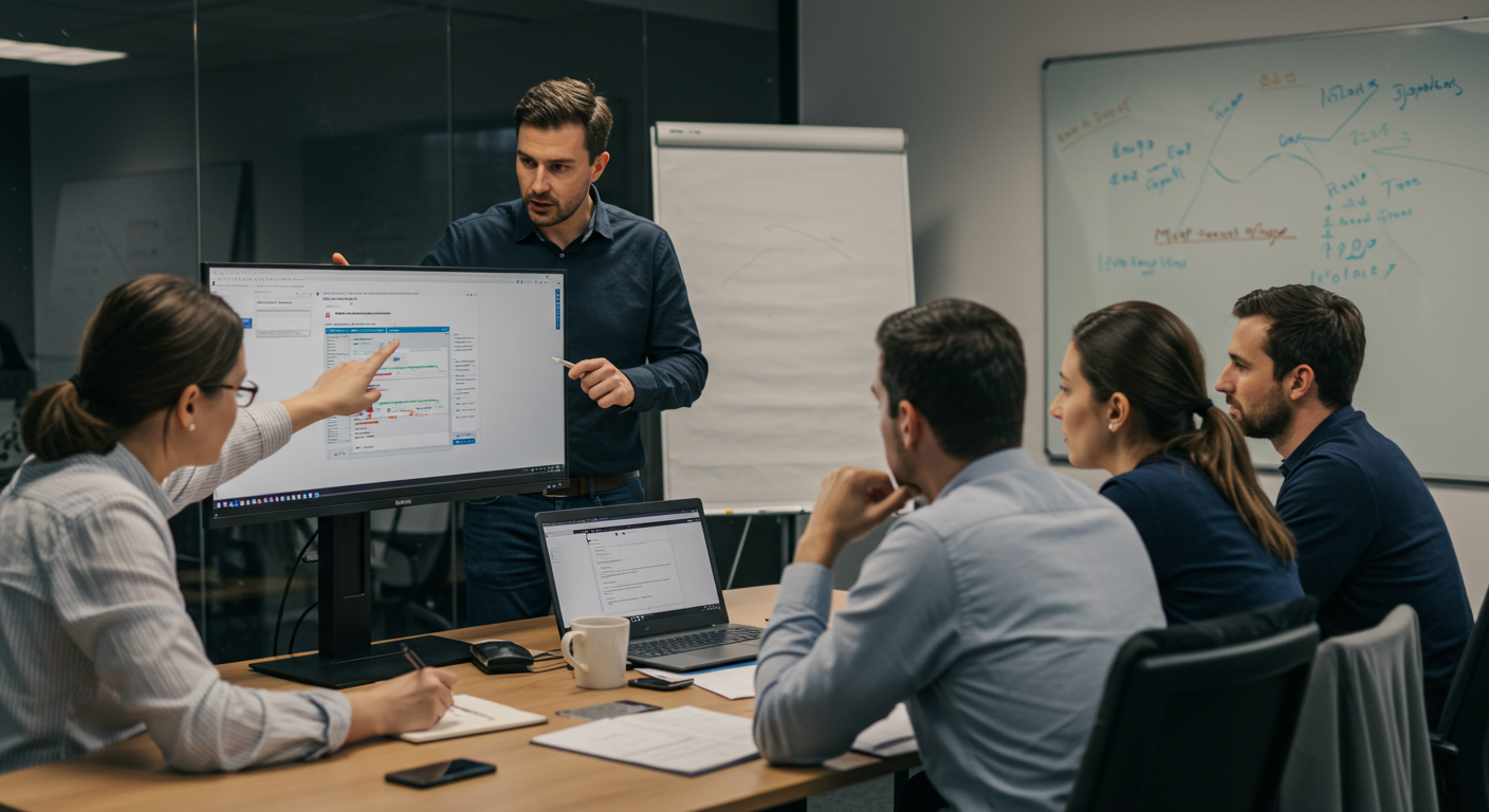 Spotkanie biznesowe w sali konferencyjnej, gdzie mężczyzna w granatowej koszuli prowadzi prezentację dla zespołu pięciu osób siedzących przy drewnianym stole. Prezentujący wskazuje na duży monitor wyświetlający interfejs aplikacji lub dashboard z wykresami i danymi. Na stole widać laptopy, notatniki, telefony i filiżankę kawy. W tle znajduje się flipchart z notatkami oraz tablica z diagramami i szkicami. Uczestnicy spotkania, w tym kobieta w okularach po lewej stronie, uważnie słuchają prezentacji. Sala ma nowoczesny design z ciemnymi ścianami i jasnym oświetleniem.