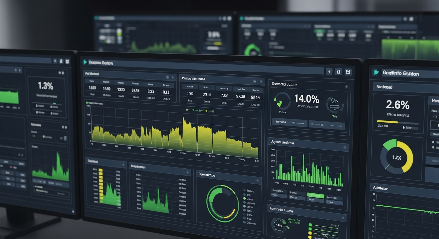 Wieloekranowy pulpit analityczny z ciemnymi dashboardami wyświetlającymi różnorodne wykresy, metryki i wskaźniki KPI w kolorach zielonym i żółtym, w tym wykresy liniowe, słupkowe, kołowe i statystyki procentowe do monitorowania wydajności i analizy danych.