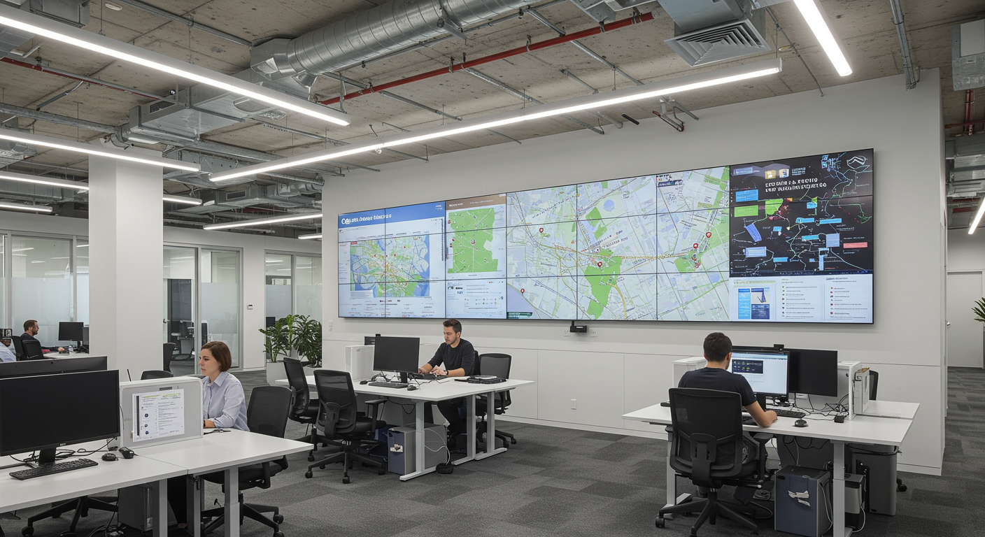 Centrum monitoringu lub sala kontroli z dużą ścianą ekranów wyświetlających mapy, dane geolokalizacyjne i systemy analityczne. Na pierwszym planie trzech pracowników siedzi przy białych biurkach z komputerami - kobieta w jasnej koszuli po lewej stronie, mężczyzna w ciemnej koszuli w środku i kolejna osoba po prawej. Nad nimi widać nowoczesny sufit z widoczną instalacją wentylacyjną i lampami LED. Główną atrakcją jest wieloekranowy system wyświetlający różne mapy, wykresy i interfejsy monitoringu w kolorach niebieskim i zielonym. Wnętrze ma industrialny charakter z betonową podłogą i minimalistycznym wystrojem.