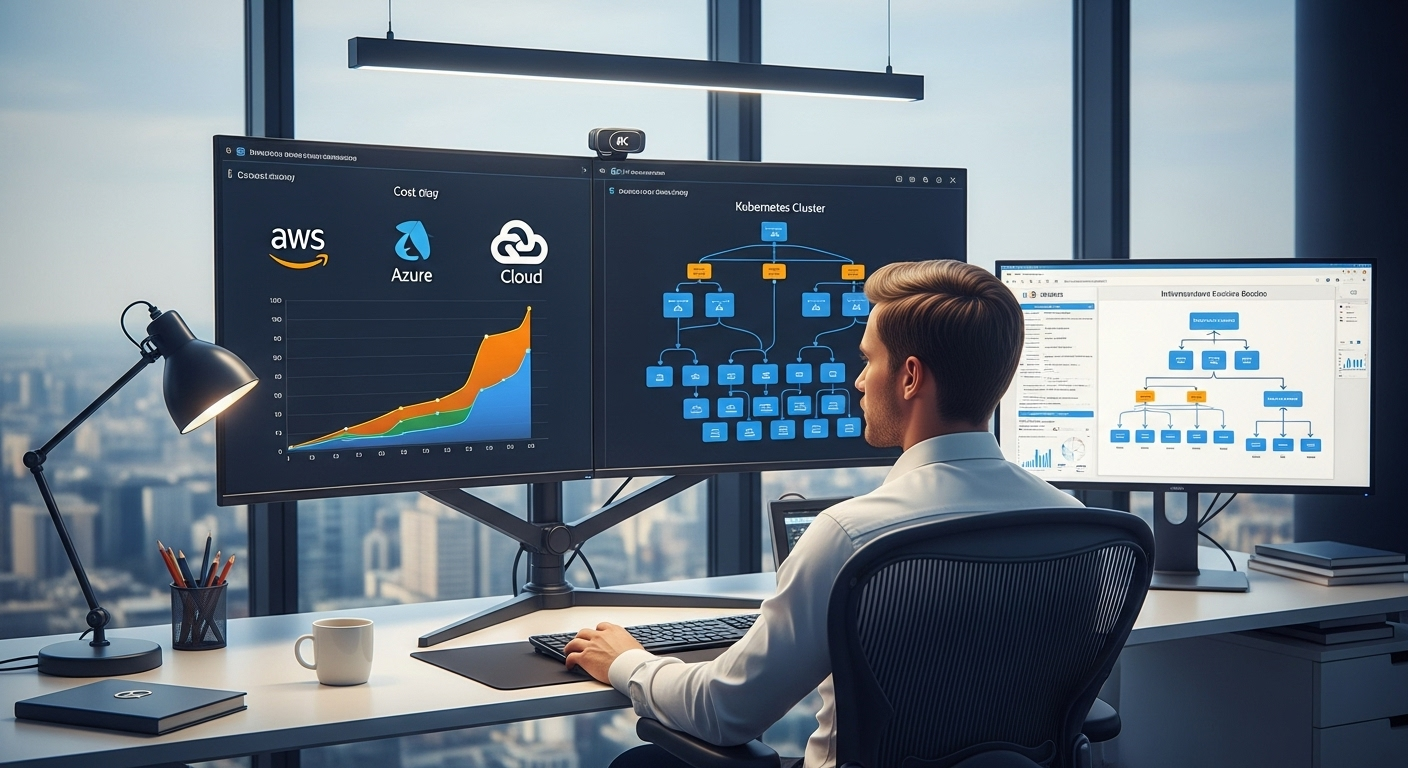 Mężczyzna w białej koszuli pracuje przy nowoczesnym stanowisku komputerowym z dwoma dużymi monitorami wyświetlającymi dashboardy chmurowe i wykresy analityczne. Na lewym ekranie widać logo platform AWS, Azure i Google Cloud oraz pomarańczowy wykres wzrostu, a na prawym - schemat architektury systemu i diagramy organizacyjne. Stanowisko pracy znajduje się przy oknie z widokiem na miasto, a na biurku stoją lampa biurkowa, kubek kawy, pojemnik na przybory i tablet. Mężczyzna siedzi w ergonomicznym fotelu biurowym i analizuje dane dotyczące infrastruktury chmurowej.