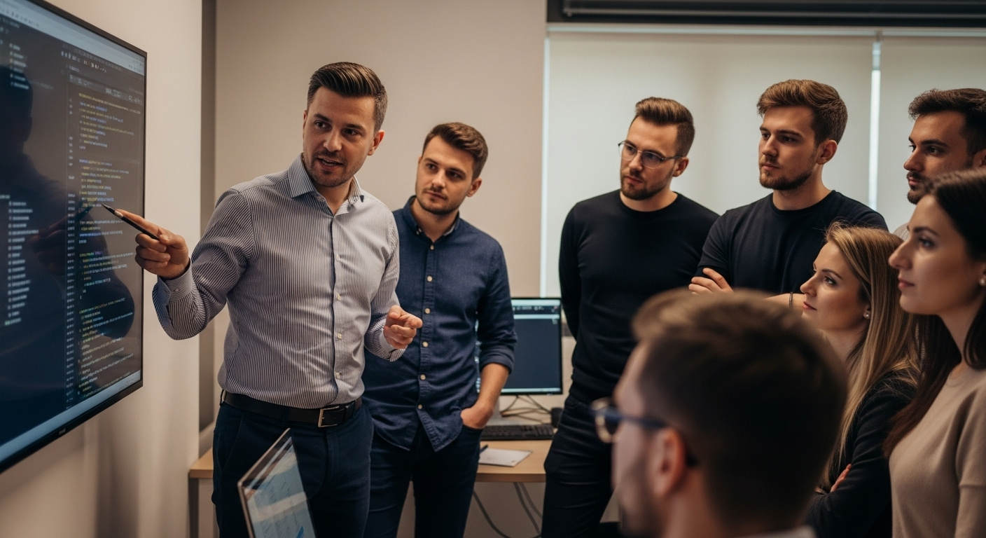 Zespół programistów podczas prezentacji kodu - mężczyzna w koszuli w paski wskazuje na ekran z kodem programistycznym, otoczony grupą sześciu młodych specjalistów IT uważnie słuchających wyjaśnień w nowoczesnej sali konferencyjnej.