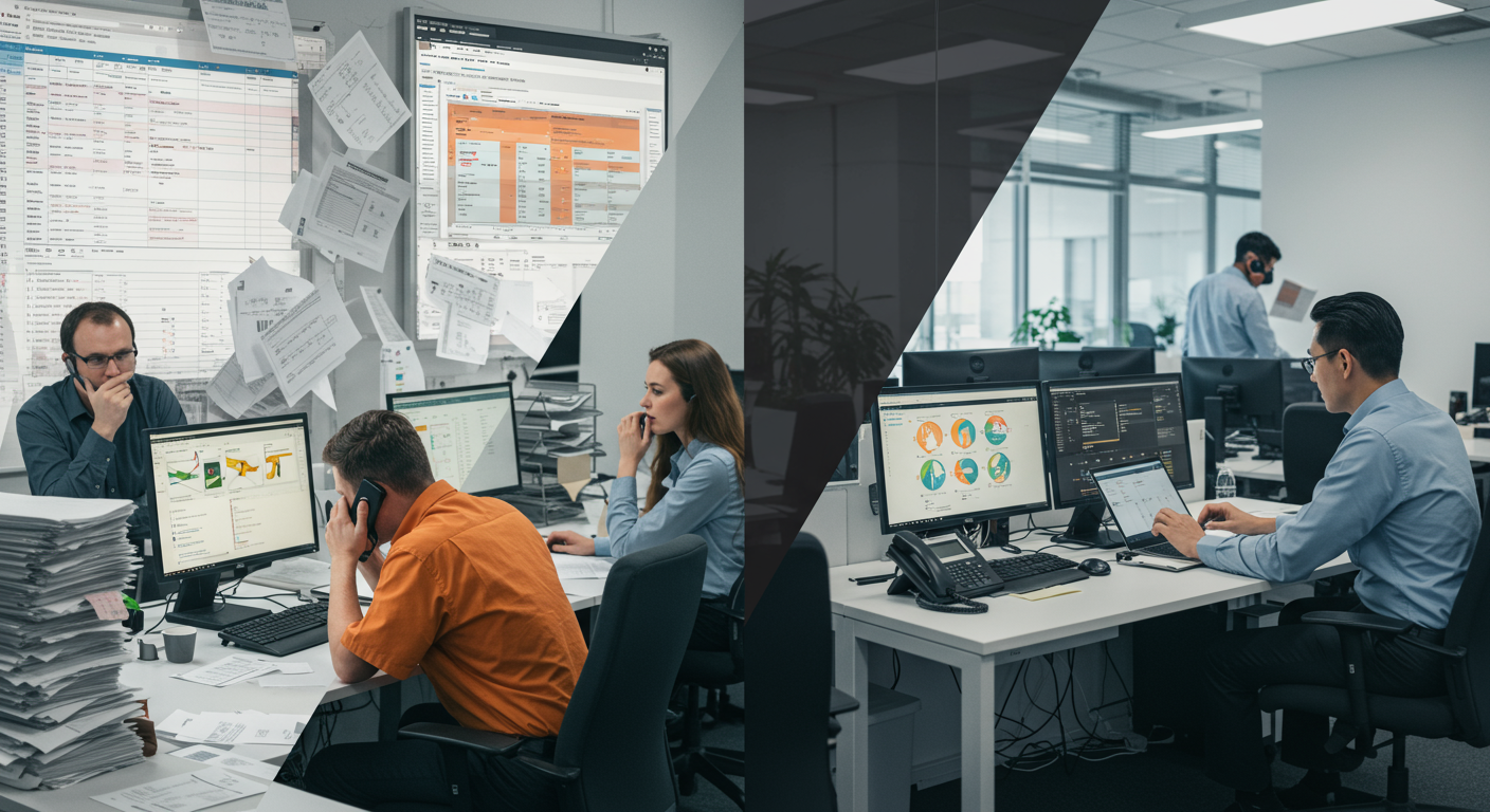 Nowoczesne biuro open space z zespołem programistów i analityków pracujących przy komputerach. Na pierwszym planie widać cztery osoby siedzące przy białych biurkach z monitorami wyświetlającymi kod, wykresy i interfejsy aplikacji. Mężczyzna w pomarańczowej koszuli trzyma głowę w dłoniach, obok niego siedzi kobieta w niebieskiej koszuli rozmawiająca przez telefon. W tle widać ścianę z przyklejonymi kartkami oraz dużym monitorem z danymi, a także innych pracowników przy stanowiskach komputerowych. Biuro ma nowoczesny design z dużymi oknami i oświetleniem sufitowym.